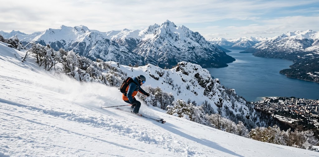 A skier carving turns on the slopes of Cerro Catedral in Bariloche.
