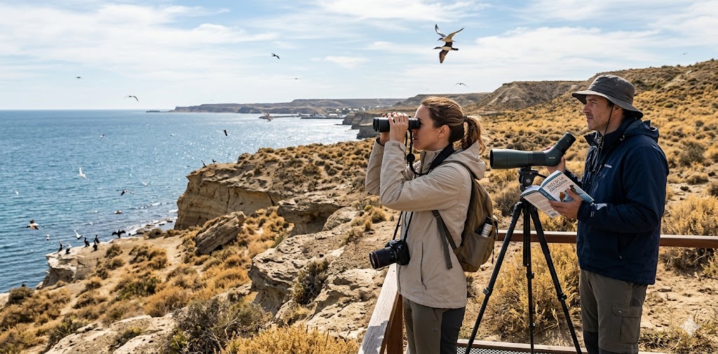 A bird watcher with binoculars observing coastal birds in Patagonia.