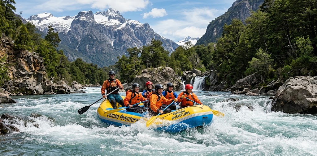 A raft navigating whitewater rapids on the Manso River.