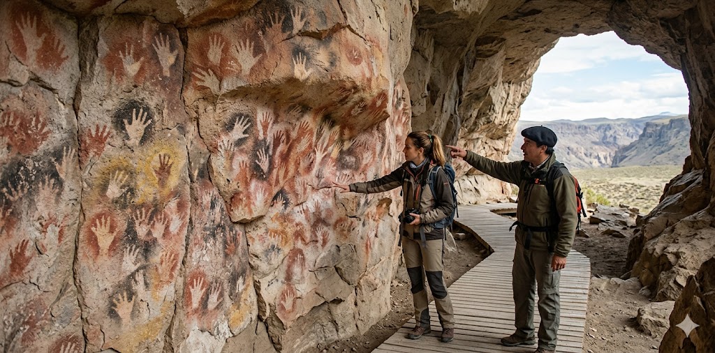Ancient stenciled hand paintings on the cave walls of Cueva de las Manos.
