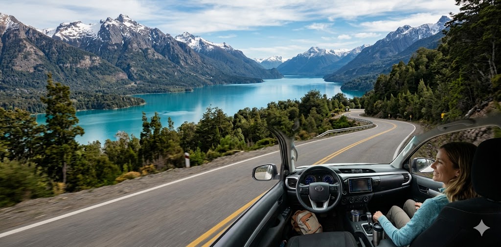 A campervan driving along the scenic Route of the Seven Lakes.