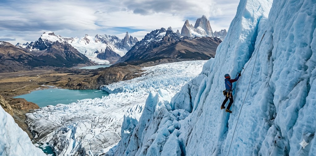 A climber ascending a vertical ice wall on Viedma Glacier.