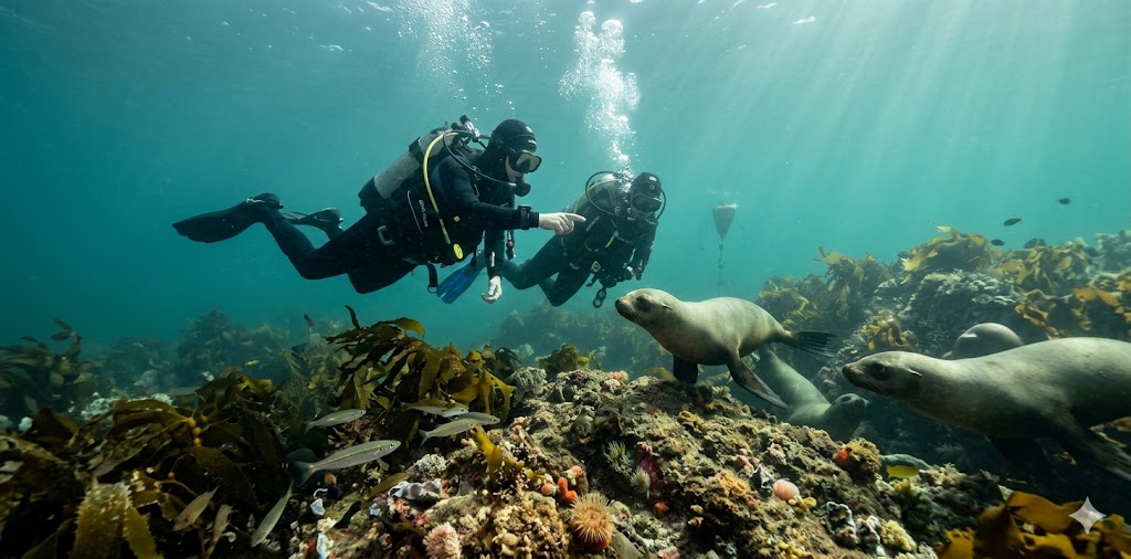 A scuba diver swimming with sea lions underwater near Puerto Madryn.