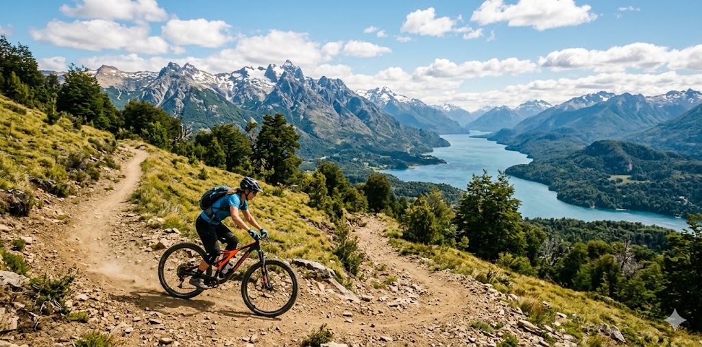 A mountain biker riding a singletrack trail with Andean peaks in the background.