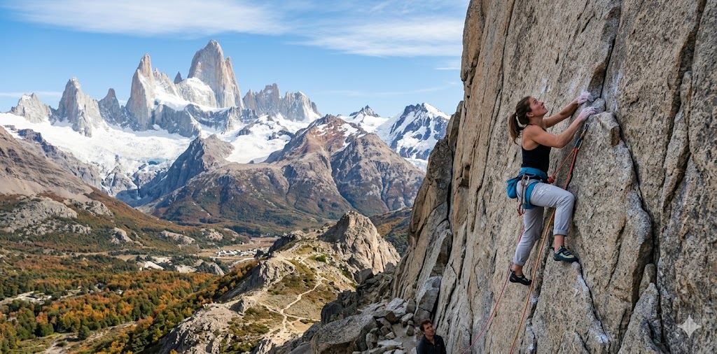 A rock climber ascending a sheer granite wall near Mount Fitz Roy.