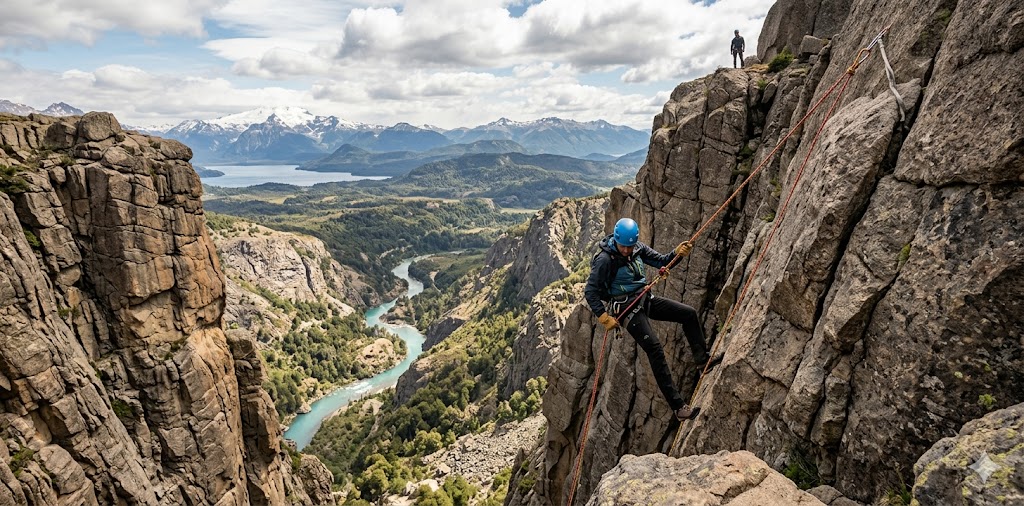 Adventurer descending a cliff side via rappel.