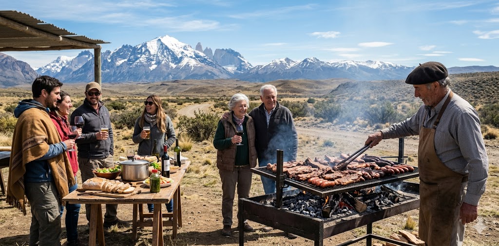 A classic Patagonian Asado (BBQ) cooking on a large outdoor grill.