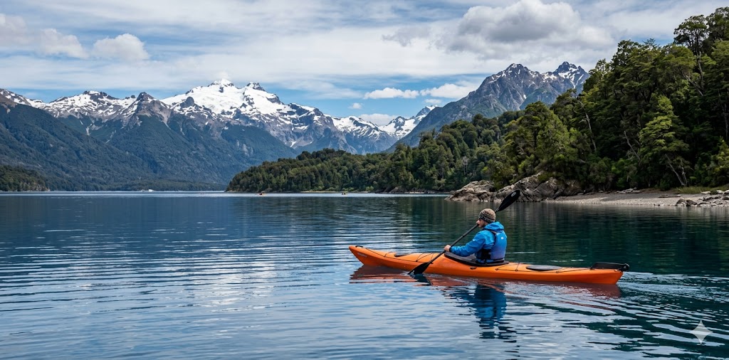 A single kayaker glides across a calm, clear Patagonian lake.