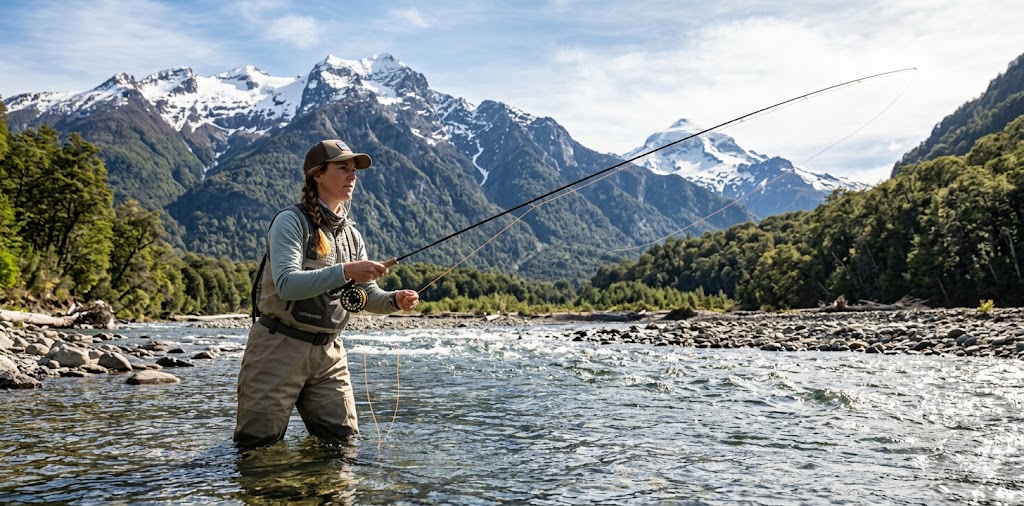 A fisherman casting a fly line into a pristine Patagonian river.