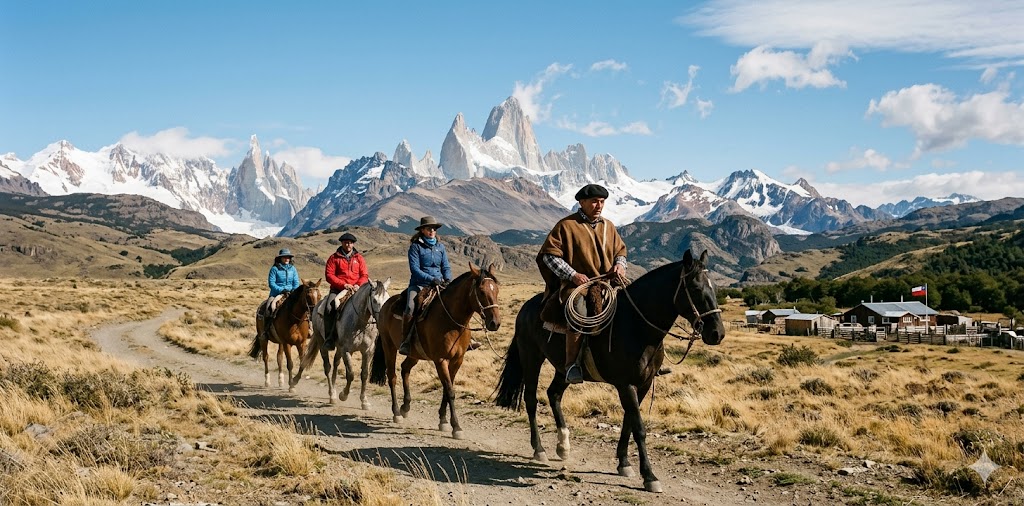 Gauchos leading a horseback ride across the Patagonian steppes.